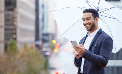 Businessman, phone and umbrella with communication in city for justice, advocate for legal with tech. Male lawyer, rain or parasol for safety in urban with mobile, attorney in New York for court