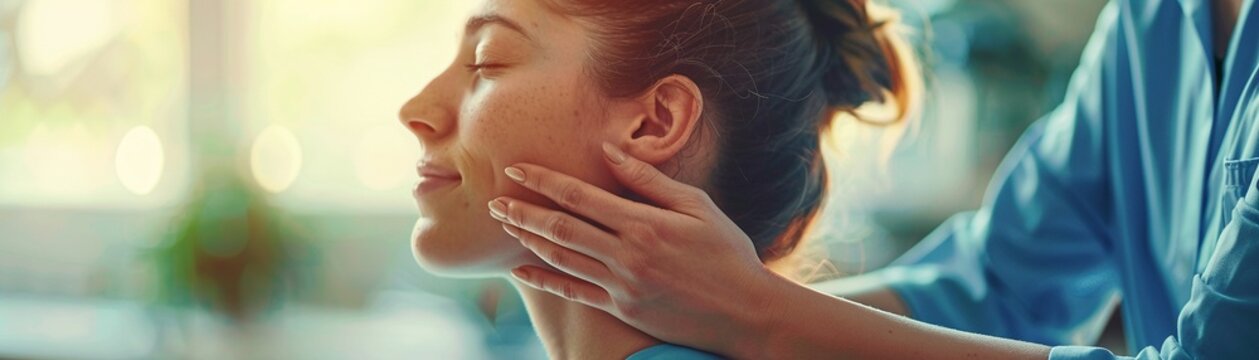 A photograph capturing the therapeutic touch of a physiotherapists hands as they adjust a patients neck posture, promoting relaxation and healing 8K , high-resolution, ultra HD,up32K HD