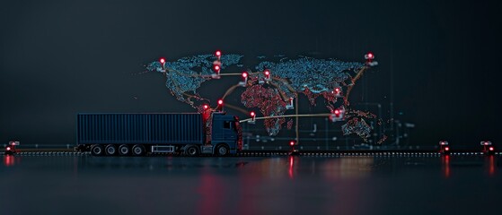 An illustration of a world map with a logistic network distribution in the background, highlighting the efficiency and speed of global shipping for online orders
