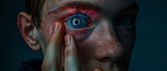 An imaginative rendering of a human eye with cybernetic enhancements, featuring intricate glowing digital data interface elements that enhance the users visual capabilities