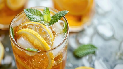 A close-up shot of a refreshing iced tea with lemon slices and mint leaves.