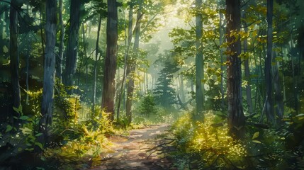 Fototapeta premium The photo shows a beautiful forest with a path in the middle. The sun is shining through the trees.