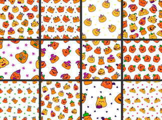 Cute kawaii Halloween pumpkin. Seamless pattern. Holidays cartoon character. Monsters faces. Hand drawn style. Vector drawing. Collection of design ornaments.