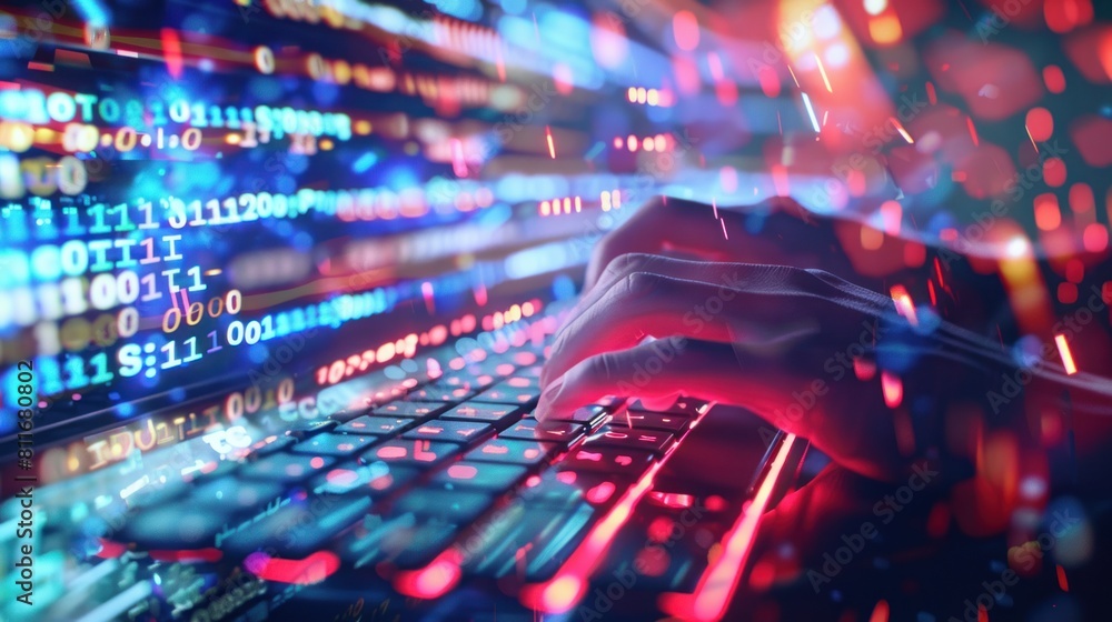 Poster hands typing on computer keyboard, with abstract code, online cyber attack, hack, threats and breach