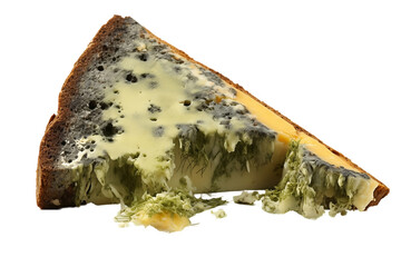 Moldy cheese wedge, spore-covered, realistic depiction.