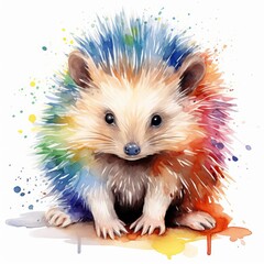 A watercolor painting of a rainbow hedgehog.