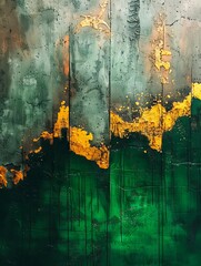 A painting of a green and gold wall.