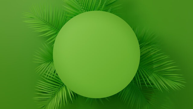 Circle Botanical Frame with Palm Plant Border. Green, Contemporary Background with copy-space.