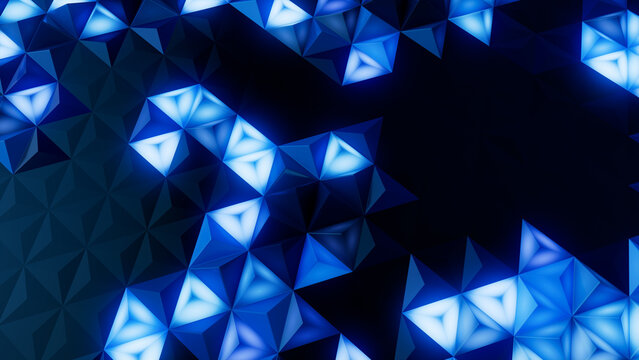 Illuminated, Blue Three-Dimensional Surface with Tetrahedrons. High Tech, Neon 3d Background.