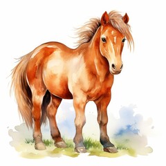 A watercolor painting of a cute pony, looks gentle and friendly