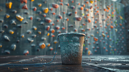 A chalk bucket sitting at the base of the climbing wall, waiting for your grip.