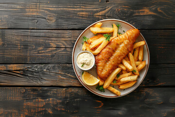 A plate of fish and fries with a dipping sauce © Sergio