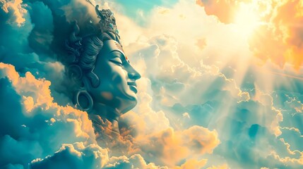 A buddha head in the clouds with sun shining through.