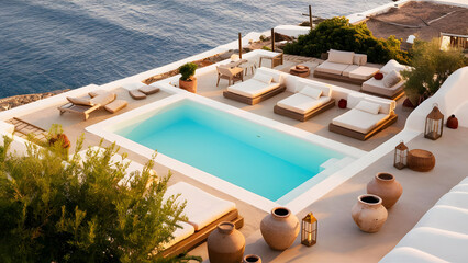 arafed view of a pool and lounge chairs on a patio overlooking the ocean, greek pool