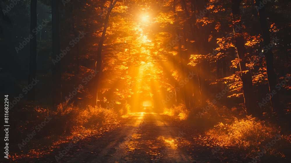 Poster a forest path is illuminated by the sun, casting a warm glow on the trees and leaves. the scene is p