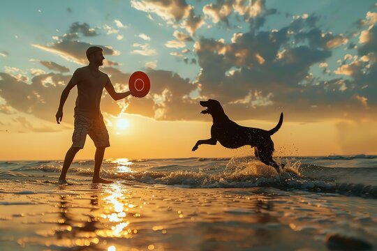 An energetic beach day with a dog owner playing frisbee with his labrador, emphasizing fun and active lifestyle