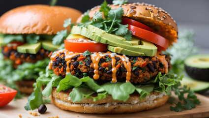 The image shows a black bean burger with avocado, tomato, and sprouts on a whole wheat bun.