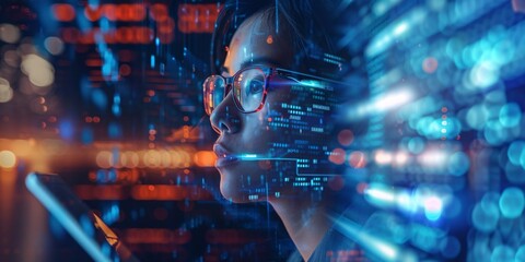 A digital technology hologram and woman using a tablet analyze data while a computer specialist in glasses programs and researches cybersecurity on a 3d screen.