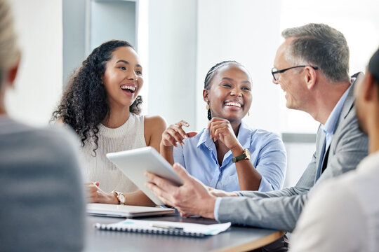 Happy, business people and meeting with tablet and mentor in office for training and onboarding employees. Smile, corporate group and conversation with feedback for interns learning in boardroom