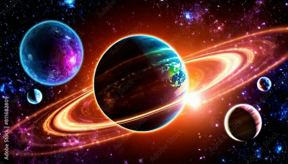Sticker abstract celestial alignment background with planets and celestial bodies in motion.