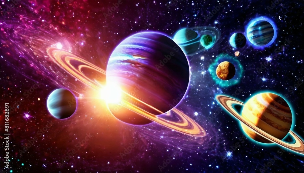 Wall mural abstract celestial alignment background with planets and celestial bodies in motion.