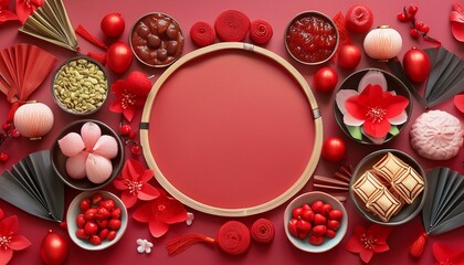 a background banner adorned with auspicious symbols and vibrant red hues, symbolizing luck and prosperity for the Chinese New Year