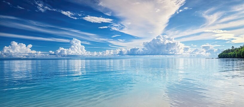 Peaceful Tropical Seascape with Turquoise Waters and Blue Skies. Summer Ocean Panorama with White Fluffy Clouds.