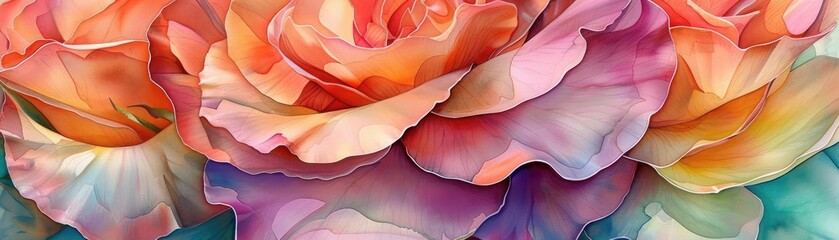 Capture the delicate intertwining of intertwining rose petals in vibrant watercolors, evoking the essence of romance in a close-up shot