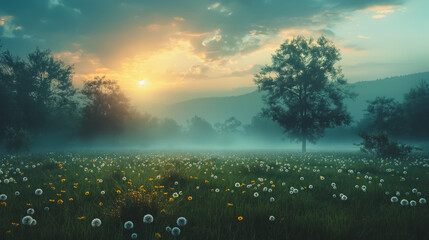 A field of grass with a tree in the middle. The sky is cloudy and the sun is setting - Powered by Adobe