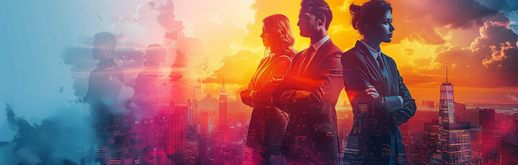 A group of business people, a team of colleagues, diversity, silhouette, double exposure, human ressource and business background