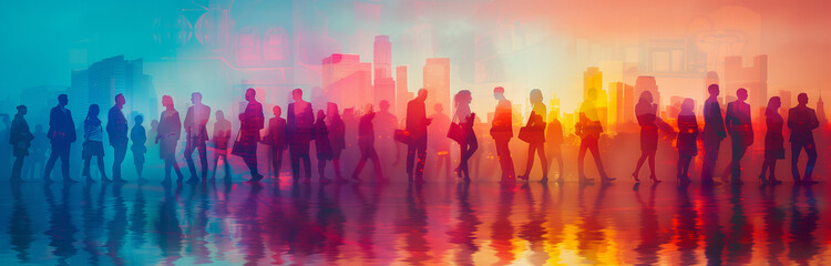 A group of business people, a team of colleagues, diversity, silhouette, double exposure, human ressource and business background