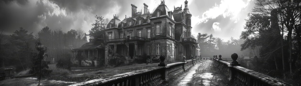 Fototapeta Capture the eerie essence of a dilapidated mansion at dusk with intricate shadows and intricate architectural details in haunting black and white photography