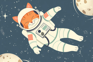 illustration of a cat wearing an astronaut suit floating in the space with copy space