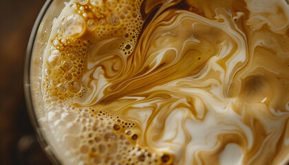 close up of milk swirling with coffee, side view, in a glass, iced coffee, beautiful patterns