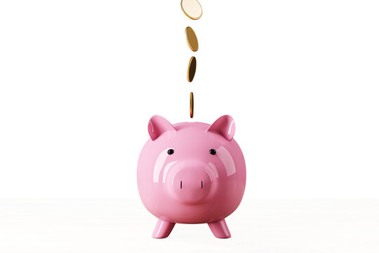 A pink piggy bank with coins falling into the slot, set against a white background, representing savings concept