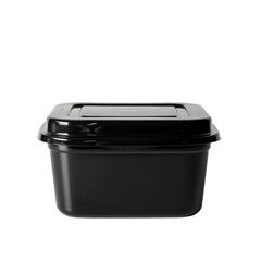 Black plastic food storage container with lid on a white background