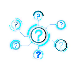 A network of question marks within circles connected by lines, in a modern infographic style, against a white background, conveying a concept of inquiry or FAQ