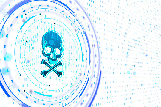 A digital illustration of a glowing blue skull and crossbones symbol with futuristic interface elements on a background with binary code
