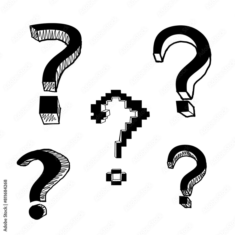 Poster five stylized question marks in various designs on a white background, representing concepts of conf