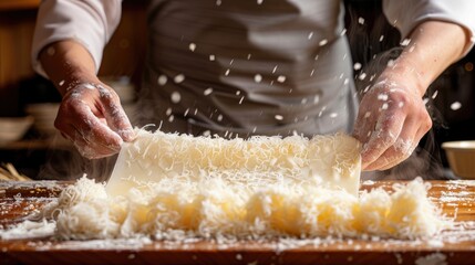 Expert chef sprinkles flour on shredded cheese during pasta preparation in a rustic kitchen setting, emphasizing texture and motion
