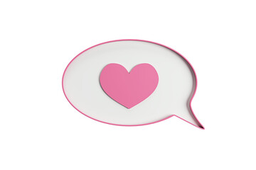A speech bubble with a pink heart in the center, presented in a clean graphic style against a white background, symbolizing love or affection