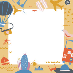 background with a frame. travel card with beach items. Beach party card or flyer template. Catch the summer vibe concept. Flat vector style illustration. empty space for text