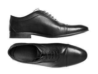 Two black dress shoes on a white background, top and side views, showcasing fashion and style