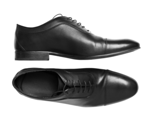 Two black dress shoes on a white background, top and side views, showcasing fashion and style