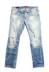 A pair of distressed blue jeans isolated on a white background, depicting casual fashion style