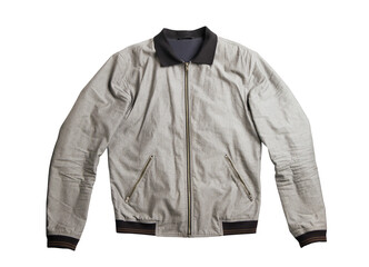 A light gray bomber jacket with a black collar isolated on a white background. The concept of...