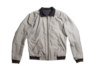 A light gray bomber jacket with a black collar isolated on a white background. The concept of modern fashion and clothing design
