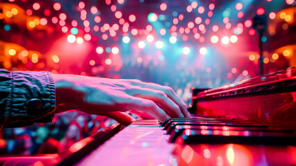 Close-up of a pianist's hands playing a keyboard at a live concert with vibrant red stage lights...