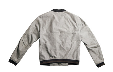 A gray bomber jacket laid flat, photographed from the back, against a white background,...