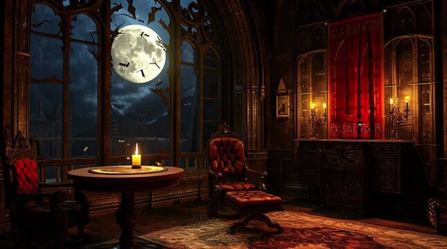 Medieval castle room illuminated by a full moon through an ornate window at night
Seamless looping 4k time-lapse virtual video animation background. Generated AI